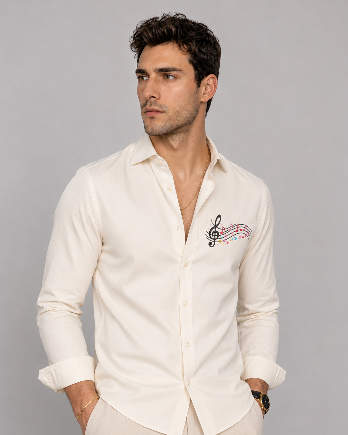 Cream Music Embroidery Shirt