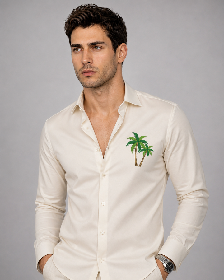 Cream Palm Embroidery Shirt