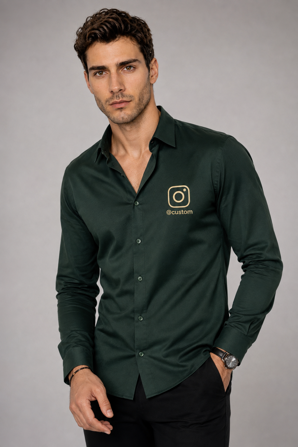 Bottle green custom Instagram username embroidered shirt