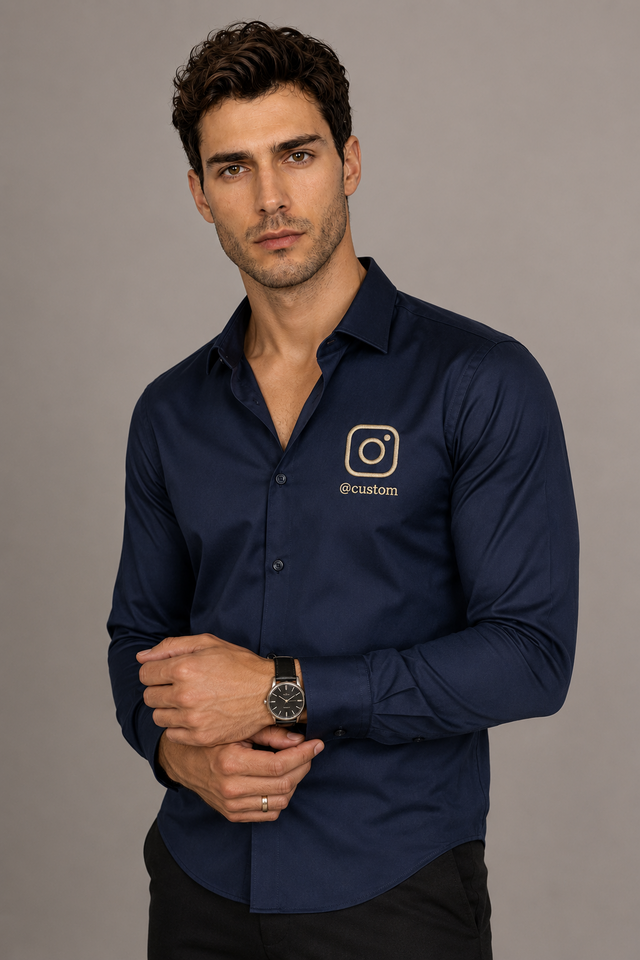 Navy blue custom Instagram username embroidered men's shirt