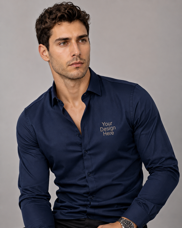 Navy blue customised men's shirt with left chest embroidery