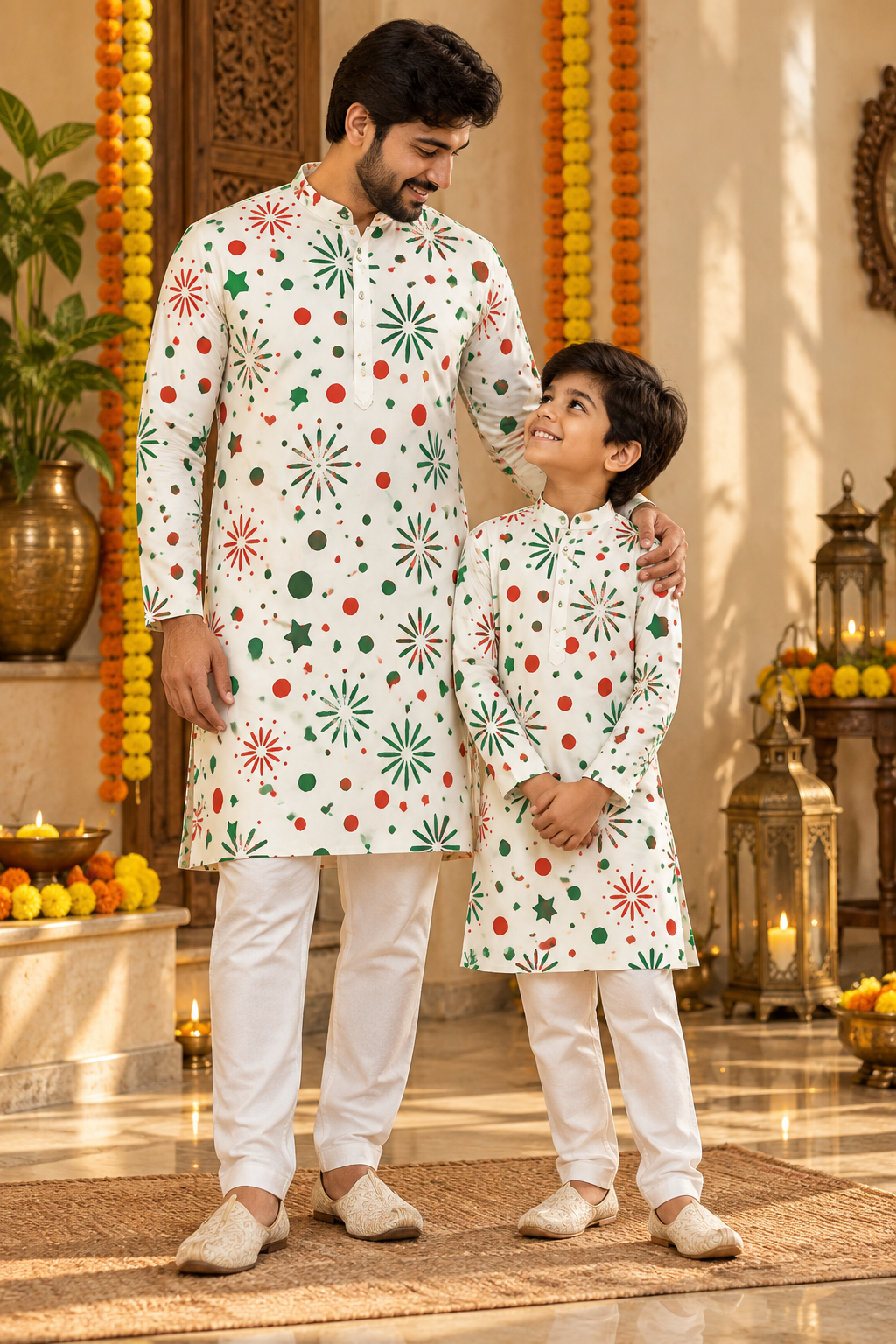 Father and son in matching festive fireworks print kurta pajama sets