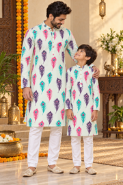 Father and son matching peacock feather print kurta pajama sets