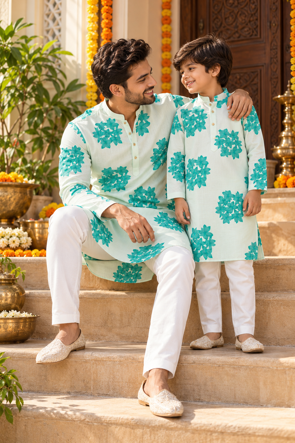 Father and son wearing matching mint green floral kurtas