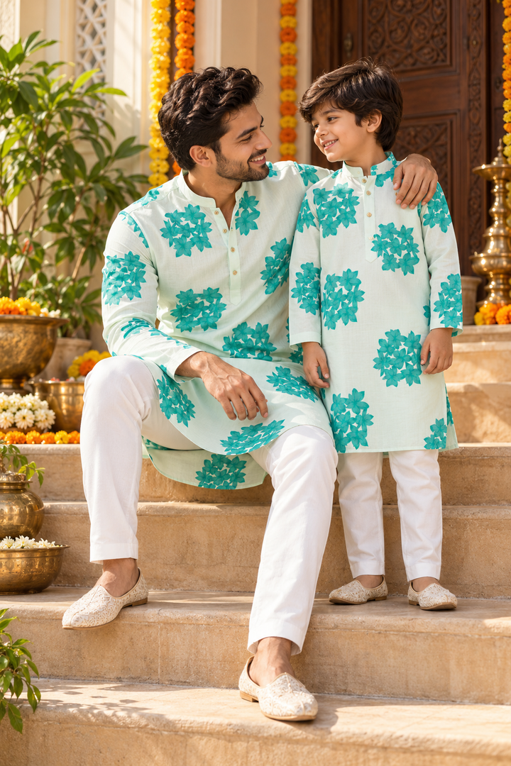 Mint Floral Father–Son Twinning Kurta