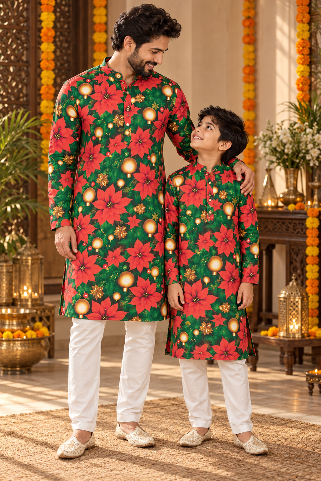Festive Poinsettia Father–Son Twinning Kurta Pajama Set