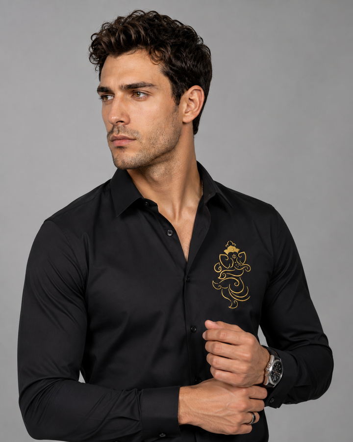 Ganesh Embroidered Black Shirt