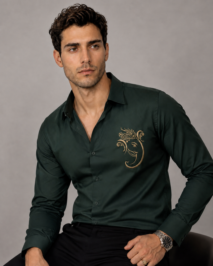 Bottle Green Ganesh Embroidered Shirt