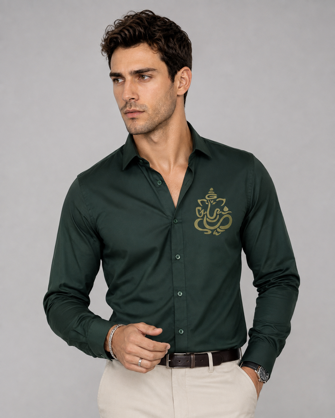 Bottle green men's shirt with Ganesh embroidery