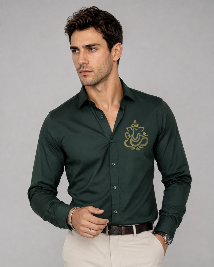 Bottle Green Ganesh Embroidery Shirt