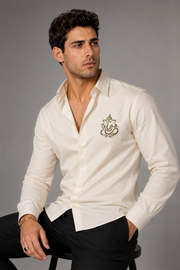 Cream full-sleeve men's shirt with Ganesh embroidery on left chest