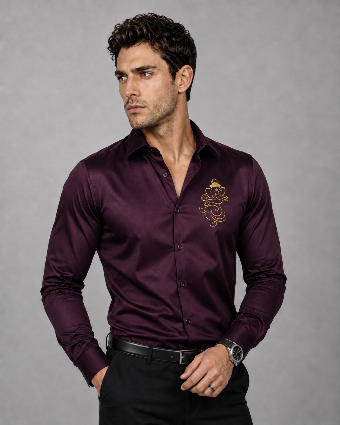 Ganesh Embroidered Wine Shirt