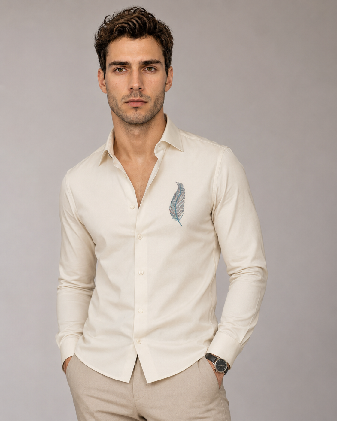 Ivory Feather Embroidered Cotton Satin Shirt