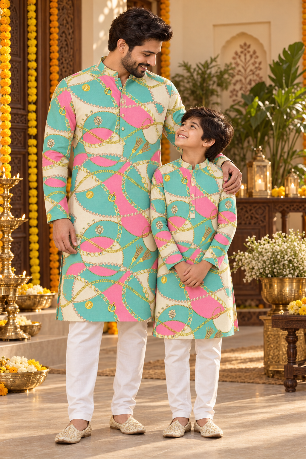 Father and son wearing matching mint pink and cream printed kurta pajama sets