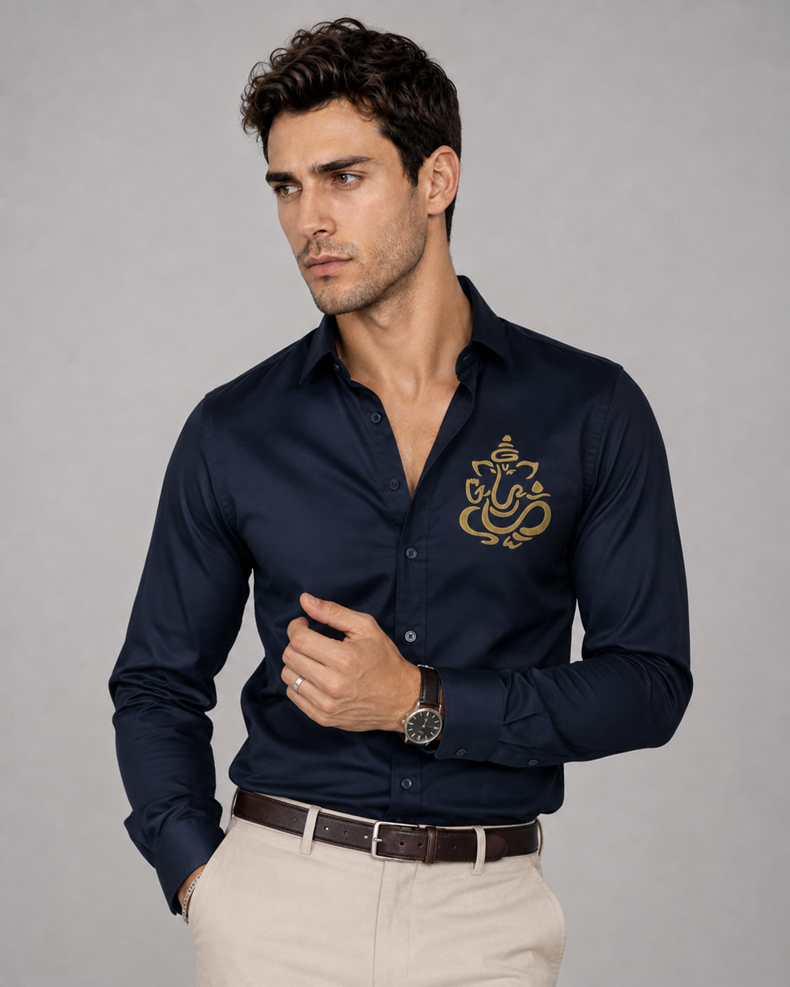 Navy Blue Ganesh Embroidered Shirt