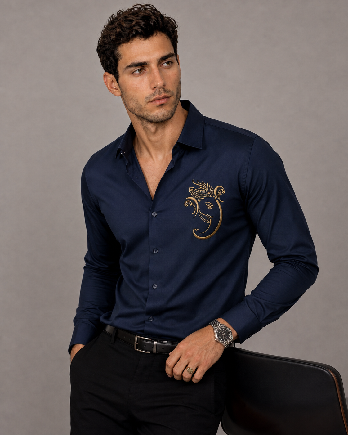 Navy blue Ganesh embroidered men's shirt