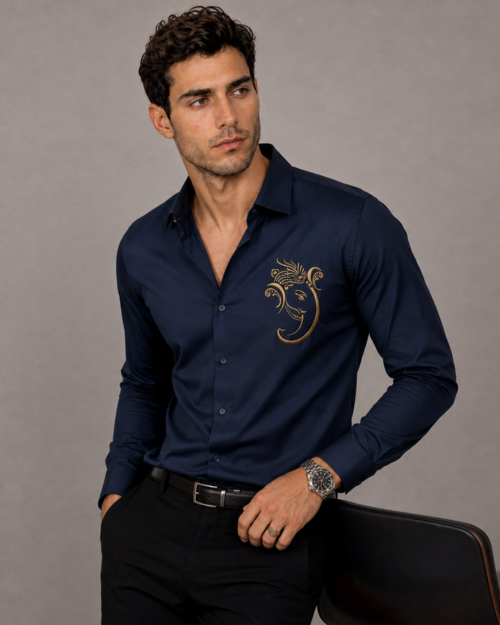 Navy Blue Ganesh Embroidered Shirt