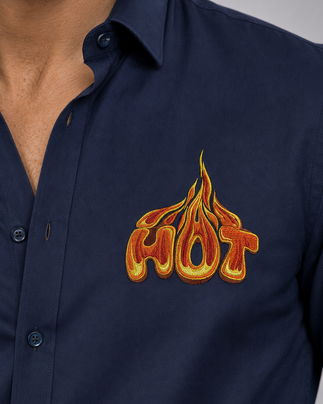 Close-up of navy blue Hot flame embroidery shirt