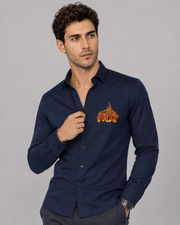 Editorial front view of navy blue Hot flame embroidery shirt