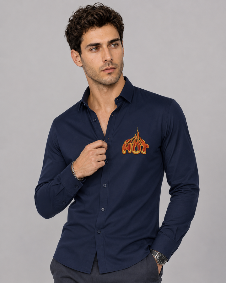 Navy Blue Hot Flame Embroidery Shirt
