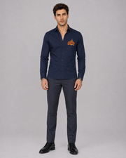 Full front view of navy blue Hot flame embroidery shirt