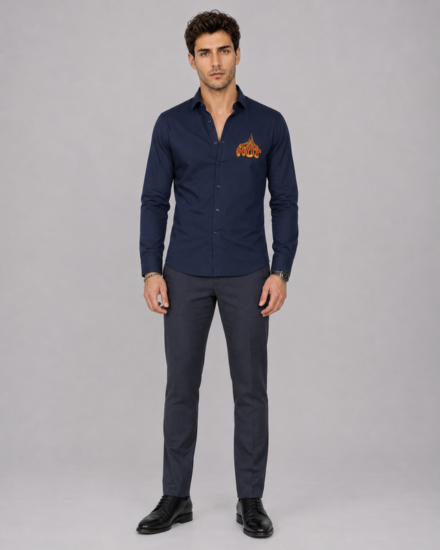 Full front view of navy blue Hot flame embroidery shirt