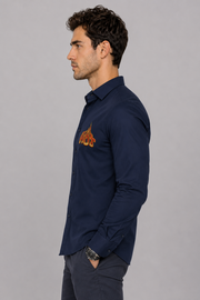 Side view of navy blue Hot flame embroidery shirt