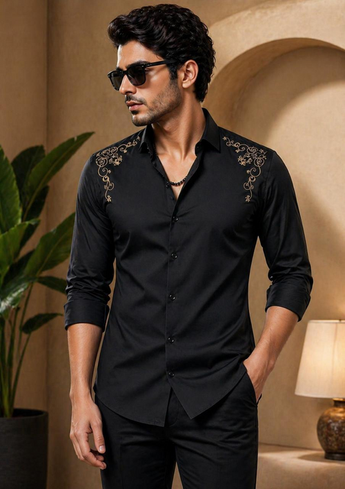 Renims black embroidered shirt with gold shoulder detailing