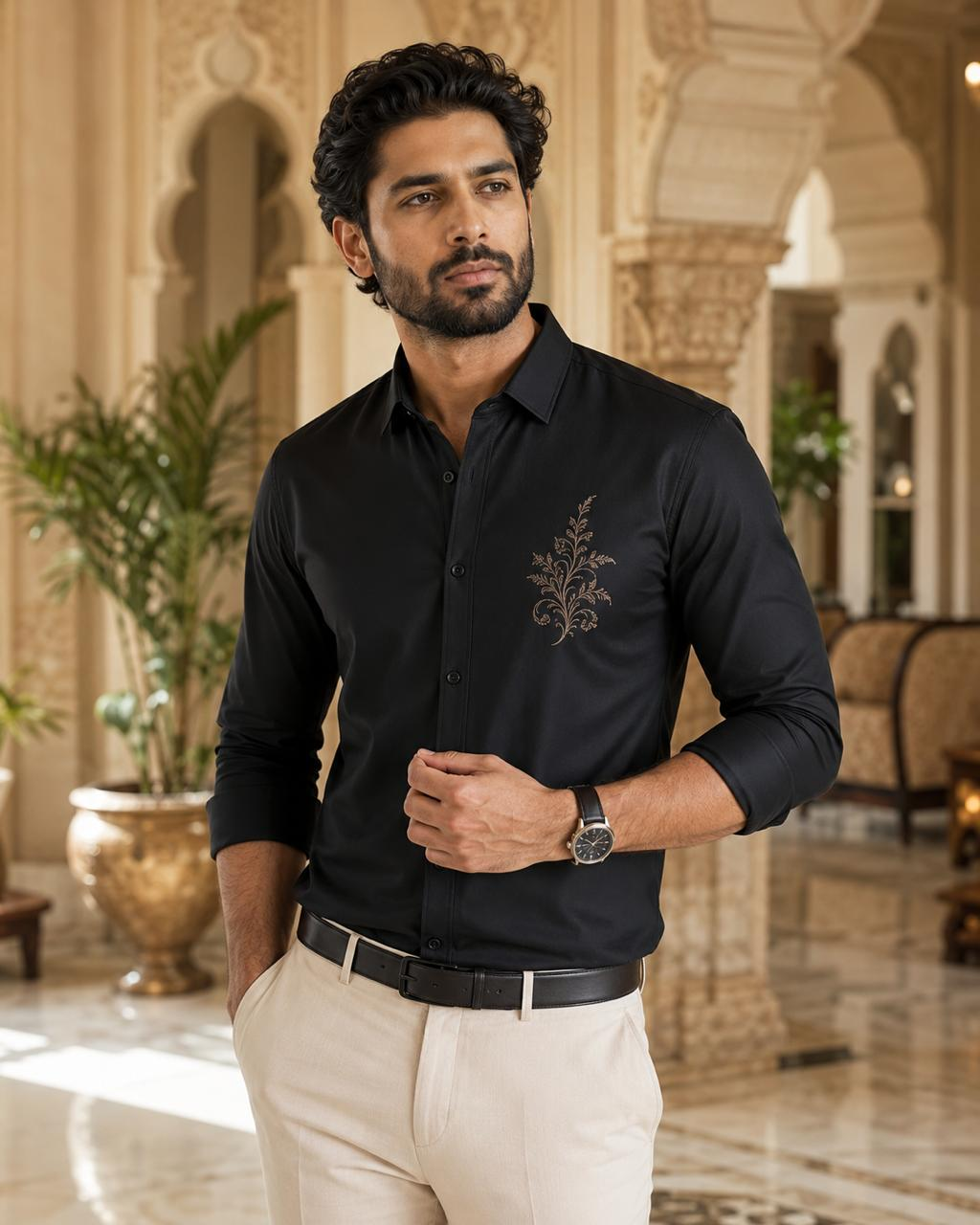 Renims black embroidered shirt with floral chest motif