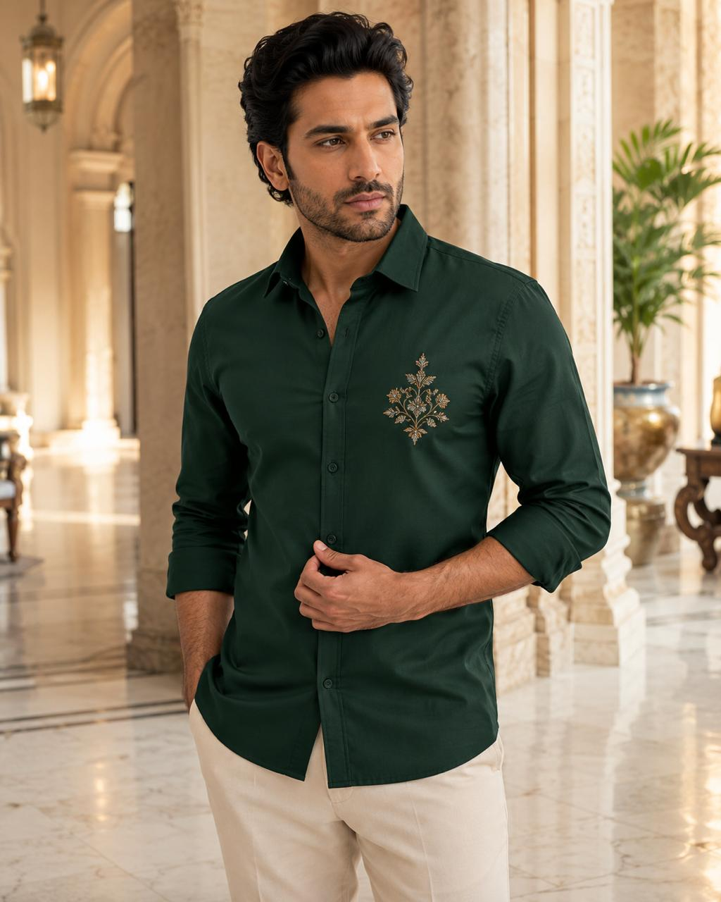 Renims bottle green embroidered shirt with chest embroidery