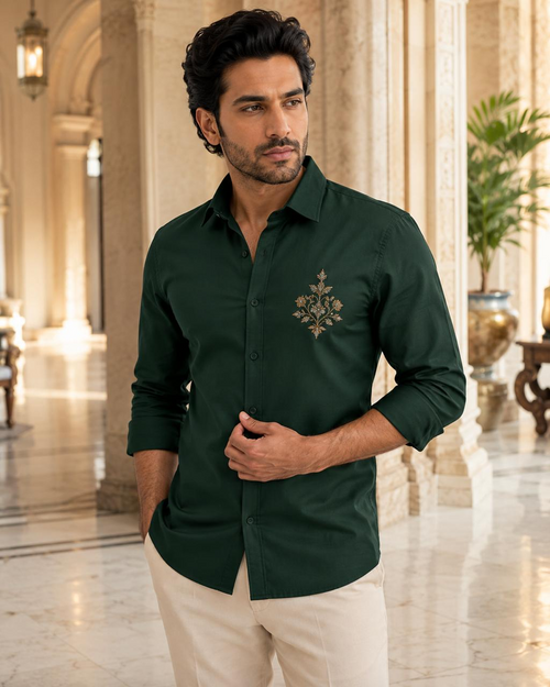 Renims bottle green embroidered shirt with chest embroidery