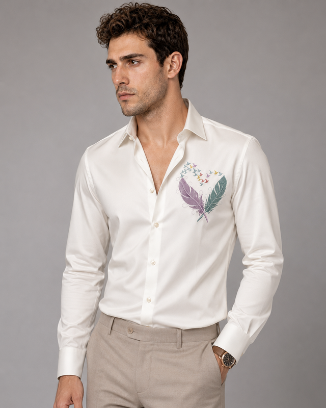 Renims ivory full-sleeve men's shirt with multicolour feather and bird embroidery