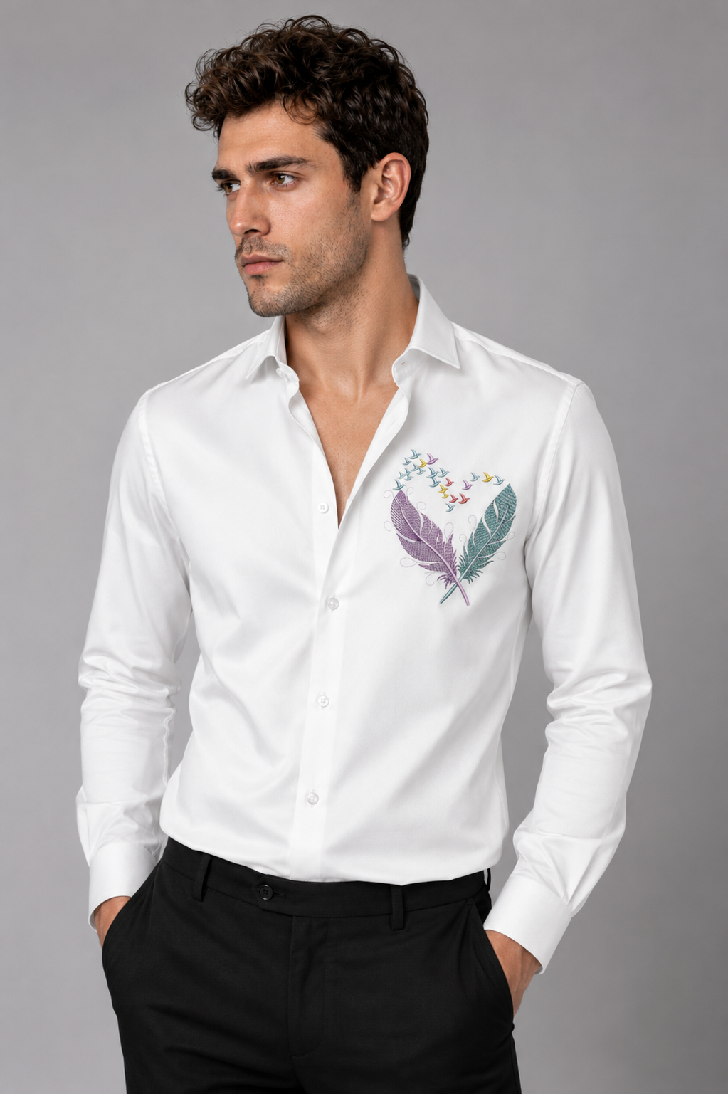 Renims white full-sleeve men's shirt with multicolor feather and bird embroidery