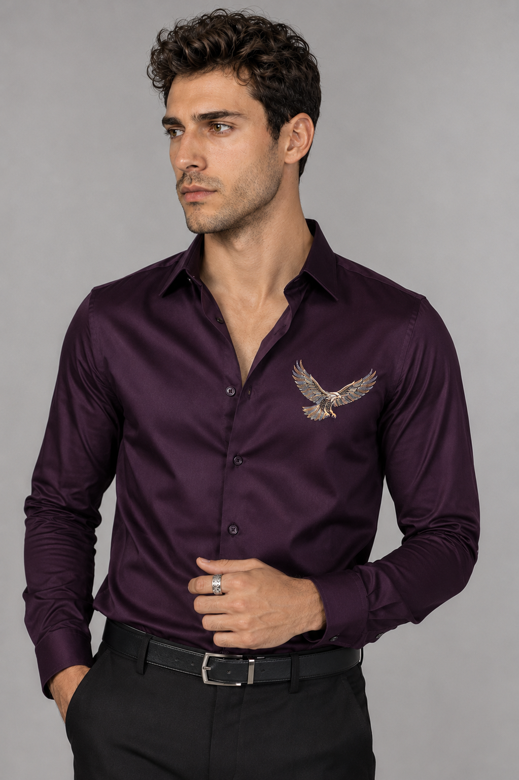 Royal Plum Eagle Embroidered Shirt
