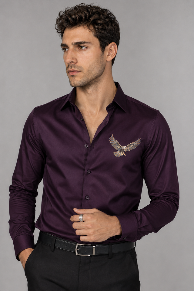 Renims Royal Plum Eagle Embroidered Shirt