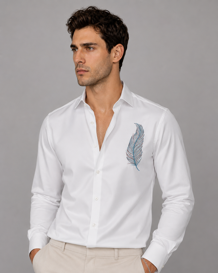 White Feather Embroidery Shirt