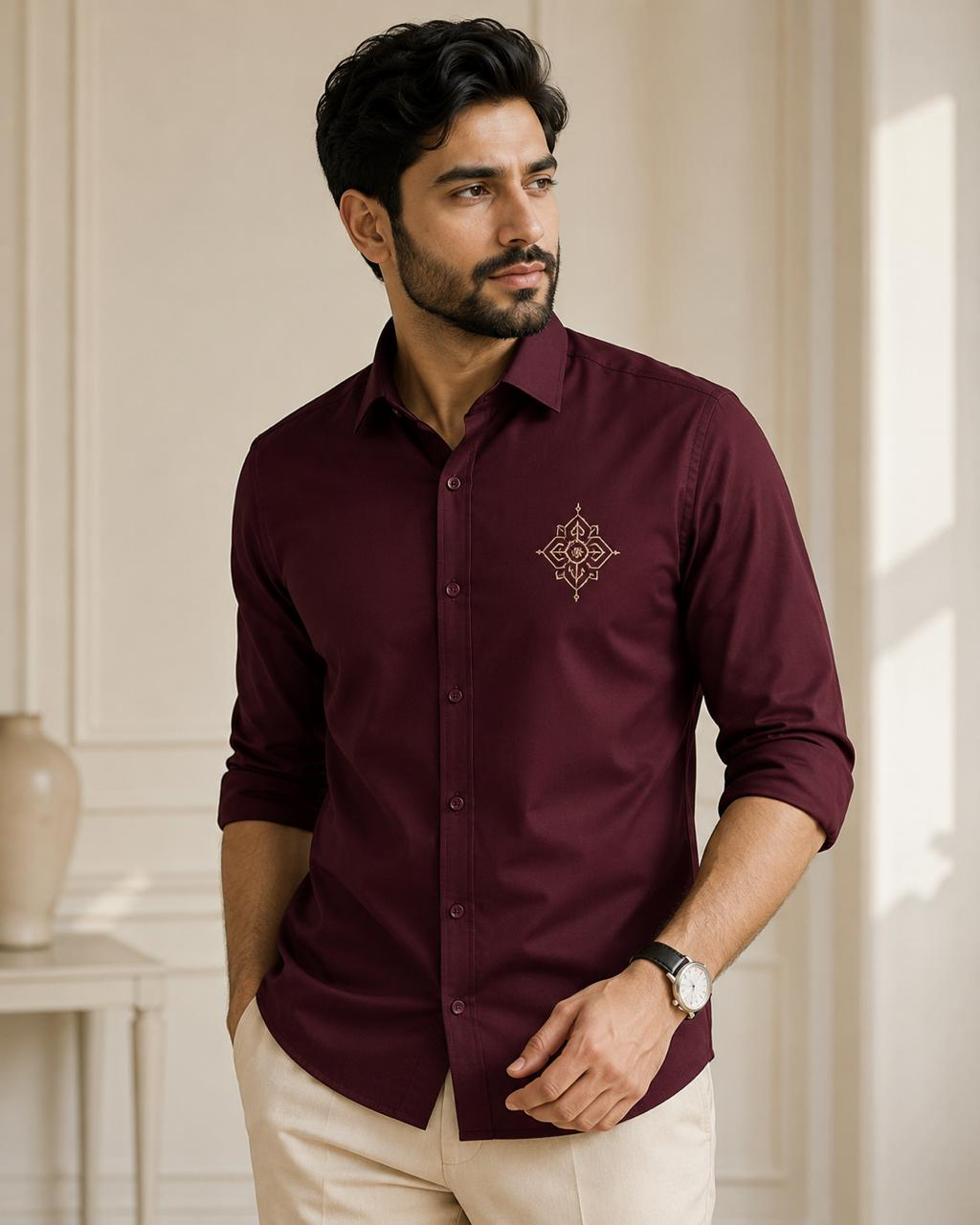 Renims wine embroidered shirt with chest motif