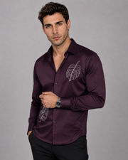 Renims dark wine shirt with silver monstera embroidery