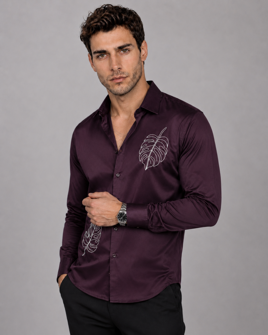 Dark Wine Monstera Embroidered Shirt
