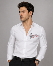 White full sleeve men's shirt with music embroidery on left chest