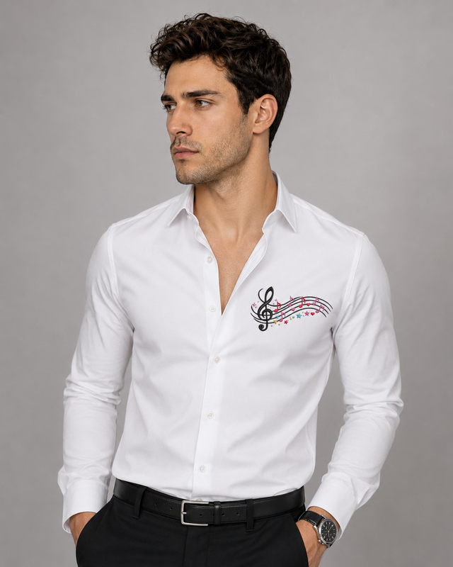 White full sleeve men's shirt with music embroidery on left chest