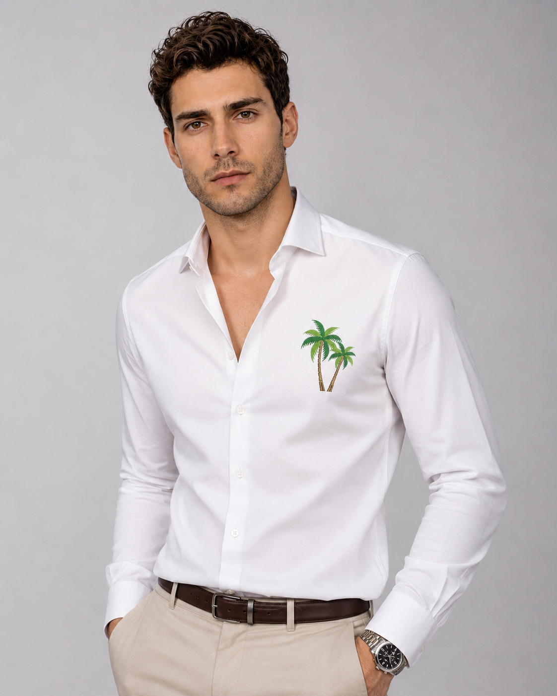 White Palm Embroidered Cotton Satin Shirt
